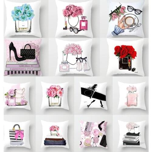 New Hand Painted Flowers Perfume Bottles Cushion Cover Polyester Cotton 45X45CM Pillowcase Home Decorative Throw Pillow Covers