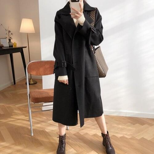 New style woolen coat light mature women cashmere long overcoat winter elegant all-matched lady fashion black coffee color lace