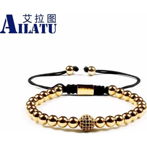 Ailatu New Design 6mm Advanced Plated Round Beads with 8mm CZ Balls Braiding Macrame Bracelet