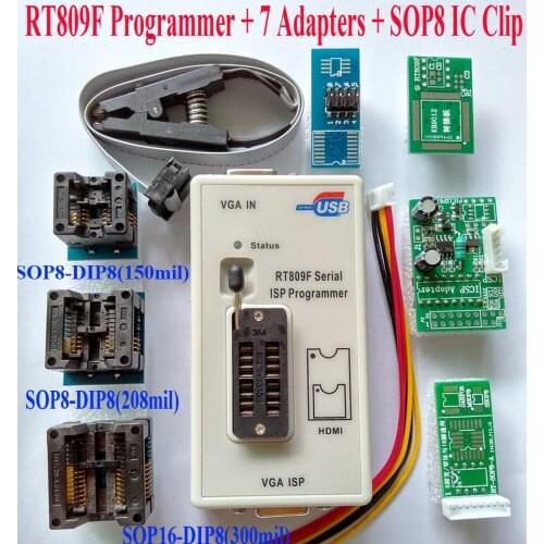 RT809F programmer + 7 Adapters + SOP8 clip clamp IC VGA LCD usb programmer ICSP board 24 25 93 serise IC Laptop Repair Tools