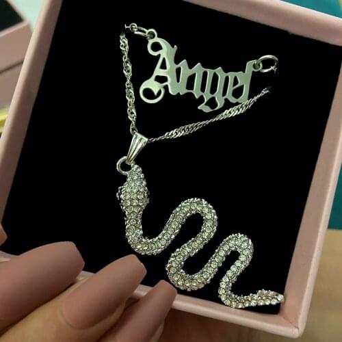 JUST FEEL Multilayer Crystal Snake Angel Pendants Necklace for Women Silver Color Metal Twisted Chain Choker Punk HipHop Jewelry