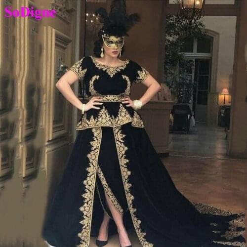 SoDigne outfit of Algeria Karakou Formal Evening Dresses Gold Lace Appliques Muslim Prom Dresses Algeriennes Gowns Plus Size