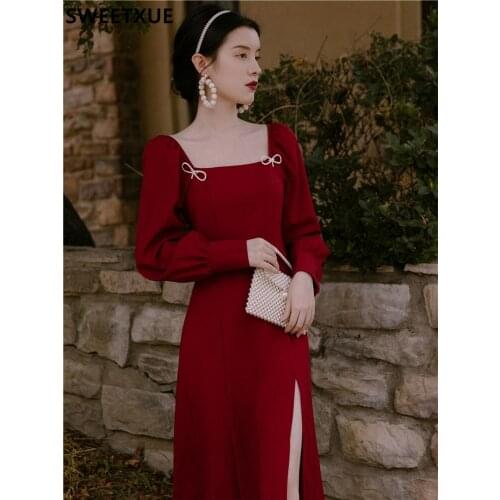 SWEETXUE Retro High-end Temperament Red Square Collar Split Dress Womens 2021 Elegant Long Sleeve Chic Fairy Party Female