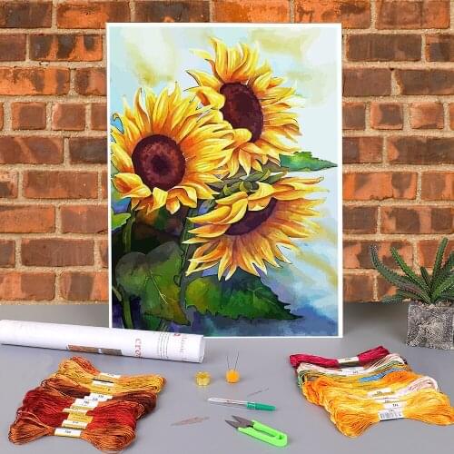 Flower Sunflower Printed Water-Soluble Canvas 11CT Cross-Stitch Patterns DIY Embroidery DMC Threads Handiwork Sewing Needle