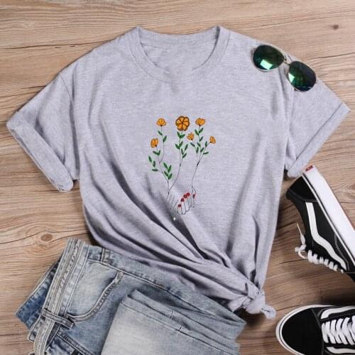 Flowers Shirt Fashion T-shirt Women Summer Cotton T Shirt Women Harajuku O-neck Ladies Top Tee Shirt Femme Black & White