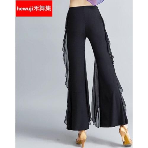 Ladies Modern Dance Pants Female Trumpet Wide Leg Pants Girls Waltz Tango Dancing Pant Dance Long Trousers Black B-6866