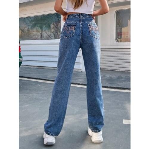 2021 wide-leg pants jeans womens new style retro washed high waist slimming loose slim pockets decorative straight pants