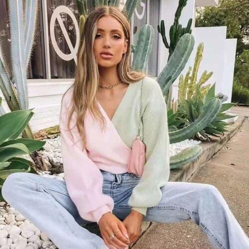 Foridol V Neck Belt Lace Up Green Pink Patchwork Lantern Sleeve Cardigan Sweater Women Thick Autumn Winter Short Cardigan Tops