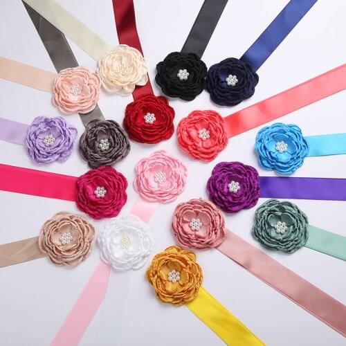 20pcs/lot Flower Headband Match Flowergirl Sash Girls Dress Accessories Elegant Satin Ribbon Bridal Belts Pearl Sashes