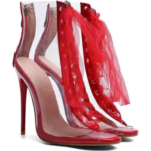 New Arrival Stilletto High Heels Peep Toe Lace-up Tessal Charms Clear PVC Transparent Pumps Sandals Black Red White Shoes