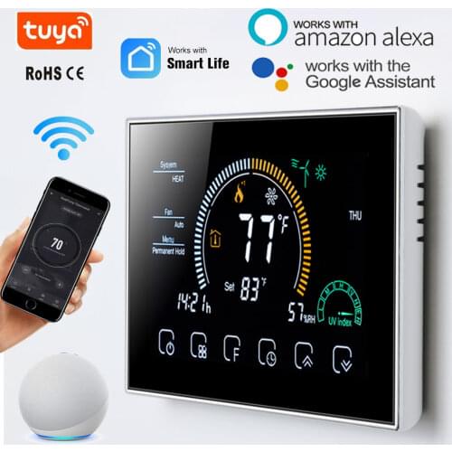 24V WIFI Controller 7 Days Programmable Room Smart Thermostat for Floor Heat Pump/Central AC System Tuya APP Alexa Voice Control