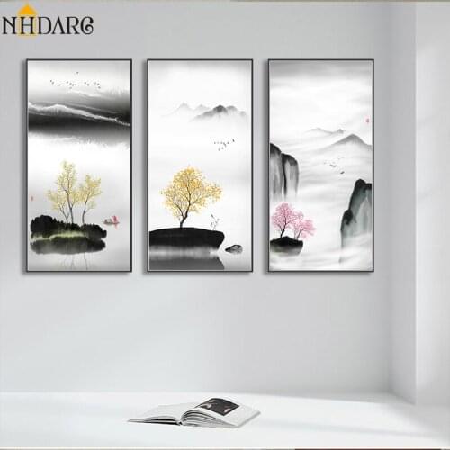 3 Panels Chinese Style Ink Landscape Painting Wall Art Canvas Painting Poster Picture for Living Room Home Decor Decoration
