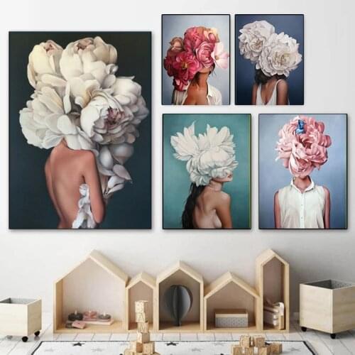 Nordic Abstract Head Flower Feather Woman Canvas Paintings Posters and Prints Wall Art Pictures for Living Room No Frame