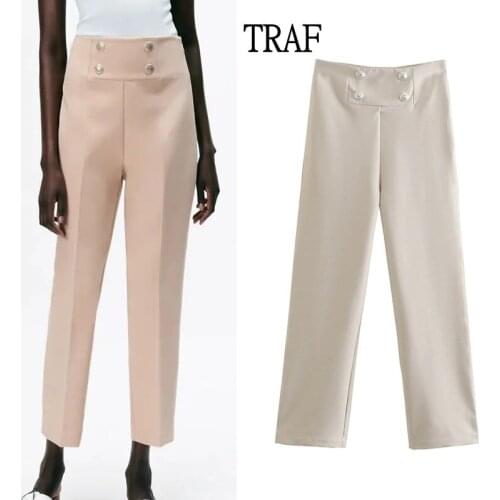 TRAF Pants Za 2021 Fashion Office Women Clothing Trouser High Waist Straight Pants Vintage Buttons Side Zipper Woman Trouser