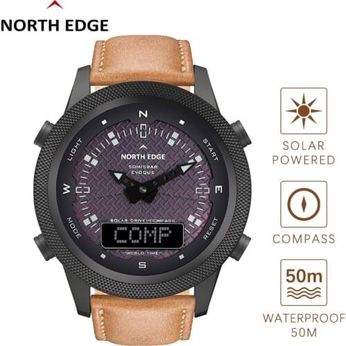 NORTH EDGE Men Digital Solar Watch Mens Outdoor Sport Watches Full Metal Waterproof 50M Compass Countdown Stopwatch Smart Watch