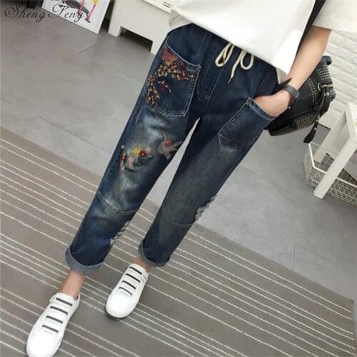 Jeans 2019 Women embroidery jeans female jeans with embroidery boyfriend jeans for women trousers high waist Q660