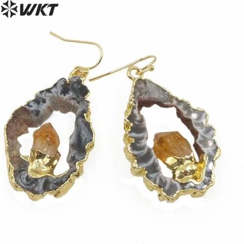 E609 Wholesales fashion geode a gate match pair stone earrings lady natural geode a gate stone golearrings black stone earrings