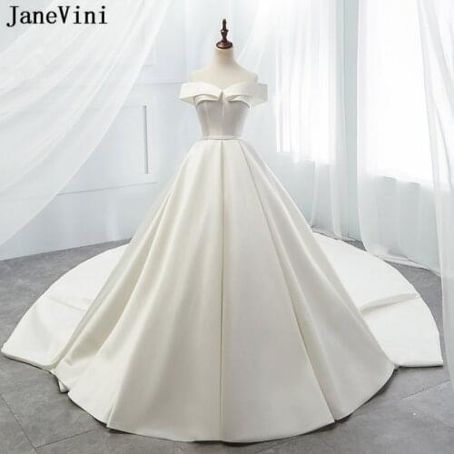 JaneVini Elegant Ivory Long Bridal Dresses 2021 Off Shoulder Sleeveless Luxury Cathedral Train A Line Satin Wedding Korean Dress