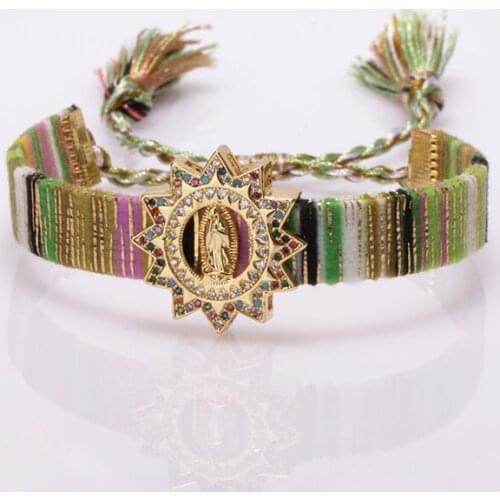 Ethnic boho bohemia soft cotton silk tassel band white cz pave Virgin Marry christian charm adjustable bracelets for woman