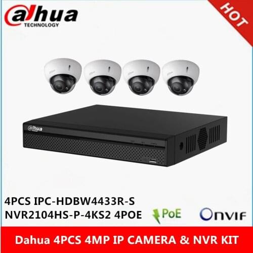 Dahua 4 pcs IPC-HDBW4433R-S IP Camera & NVR2104HS-P-4KS2 4ch with 4 poe ports CCTV Camera System support p2p