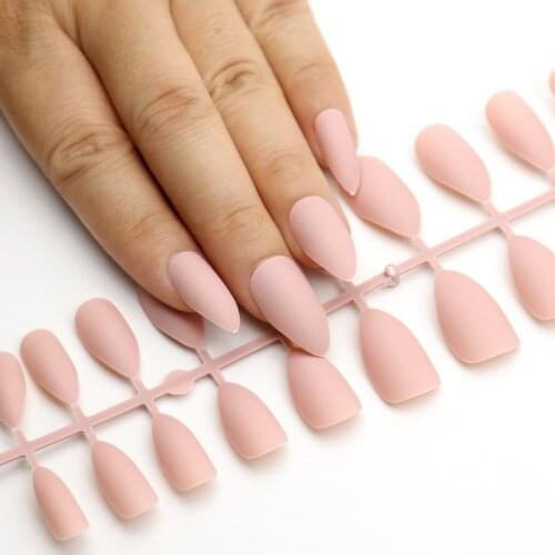 24Pcs Matte False Nails Pointed Soft Pink Nude Black Fake Stiletto Nails Full Cover Pure Color Artificial Nail Tip Party Nail