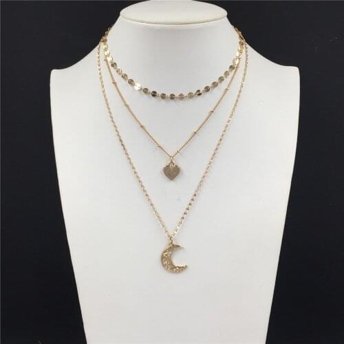 Lovely Sweet Gold Color Plating Textured Moon Heart Disc Chain Layered Necklace For Women Girl Elegant Gorgeous Girly Decoration