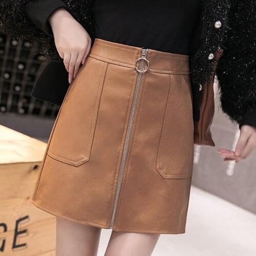 Autumn Winter 2021 Pocket Pu Leather Mini A-Line Skirt Women Korean Fashion High Waist Slim Zipper Short Skirts Female Faldas