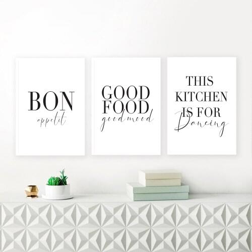 Minimalist Good Food Good Mood Bon Appetit Quotes Canvas Painting Black White Wall Art Poster Print Pictures Kitchen Home Decor