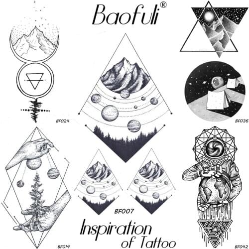 BAOFULI Men Temporary Geometric Universe Tattoo Waterproof Mountain Galaxy Planets Fake Tattoo Body Arm Painting Tatoos Stickers