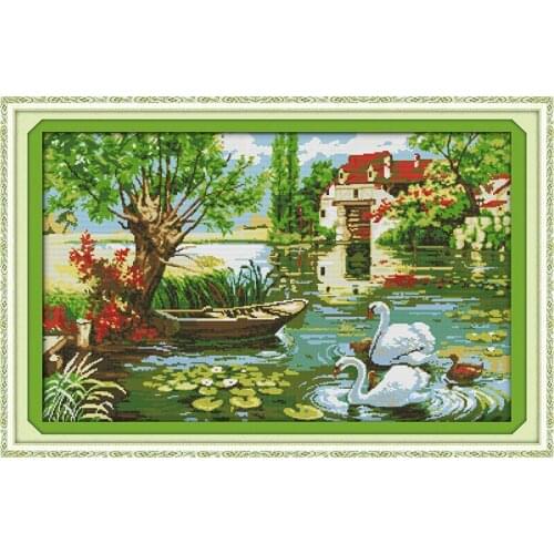 Love Home Swan Scenery Counted Cross-Stitching 11CT Printed Handmade Cross Stitch Set Cross-stitch Kits Embroidery Needlework