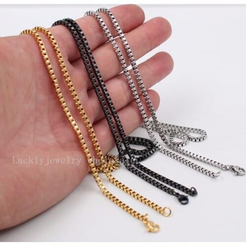 Wholesale 2.4mm Box Chain Necklace Stainless Steel Mens Women Jewelry gold / black 18 inch-32 inch
