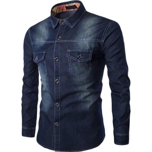 Autumn 2019 New Men Denim Shirt Top Blouse Long Sleeve Turn-Down Collar Solid Plus Size Cotton Casual Slim Fit Men Chemise Homme