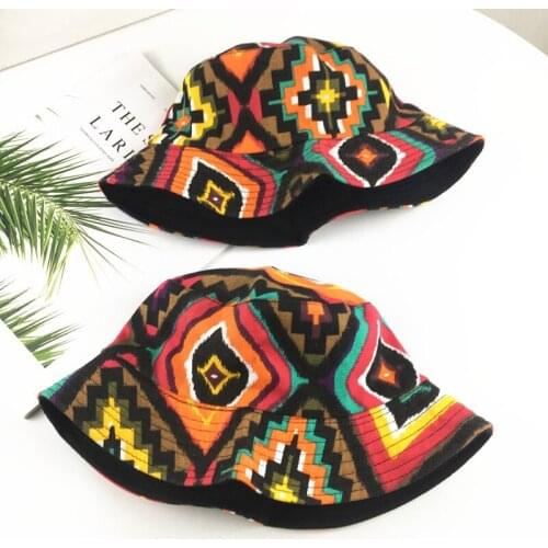 Men Women Fisherman Hat Vintage Print Panama Bucket Hat Reversible Bob Chapeau Femme Retro Hip Hop Cap