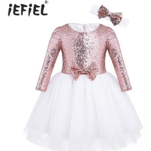 Kids Baby Dress For Girls Fancy Princess Dress Long Sleeves Flower Sequins Party Birthday Tutu Tulle Formal Bridesmaid Dresses