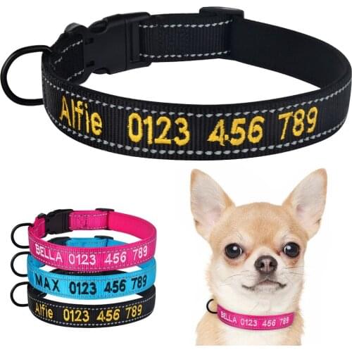Adjustable Nylon Personalised Embroidered Dog Collar Puppy ID Collars Reflective