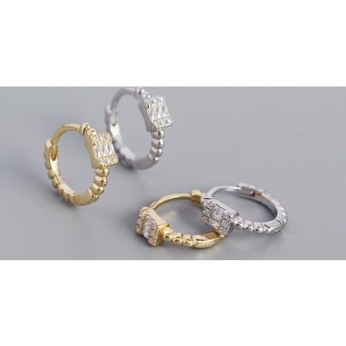 925 Sterling Silver Earring Fashion Square Zircon Bead Ear Ring Buckle Double Circle Earring Temperament Woman Girl Ear Jewelry