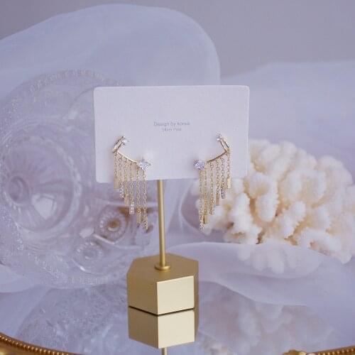 14k Real Gold Unique Design Ins Hot Sale Super Flash Zirconia Tassel Ear Clip Bone Earrings Wedding Banquet Wear Ladies Jewelry