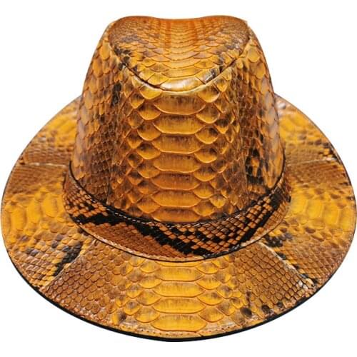 Authentic Genuine Python Leather Gentlemen Broad Brim Fedoras Caps Exotic Real True Snakeskin Male Colorful Magician Party Hat