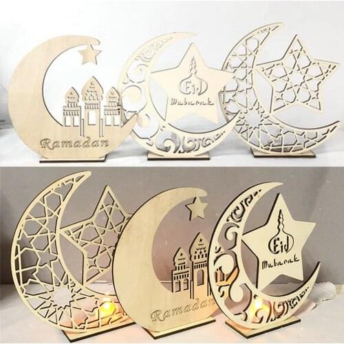 Ramadan Eid Mubarak Decorations for Home Moon LED Candles Light Wooden Plaque Hanging decors Islam Muslim Event Party Supplies