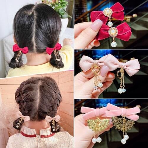 Girls Hair Pins Velvet Bow Rhinestones Bead Pendant Hairpins Fashion Baby Kids Hair Clip Headwear Hairgrips Hair Accessories