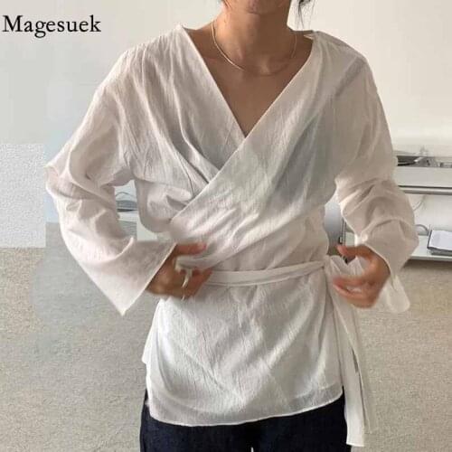 Vintage Korea Breathable V-neck Long Sleeve Self-regulating Shirt Women Slim Sashes Tie Solid See Through Blouse Blusas 11675