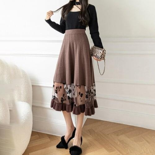 Autumn Winter High Waist Lace Flower Knitted Skirt Women Voile Patchwork A-line Knit Skirts Female