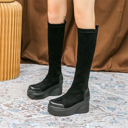 Slope Heel Mid Calf Boots Womens 2021 New Autumn Winter Fashion Shoes High Tube Slim Elastic Height Increasing Thick Soled Boot