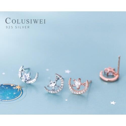 COLUSIWEI Gennine 925 Sterling Silver Shining Stars and Moon Stud Earrings for Women Wedding Engagement Luxury Fashion Jewelry