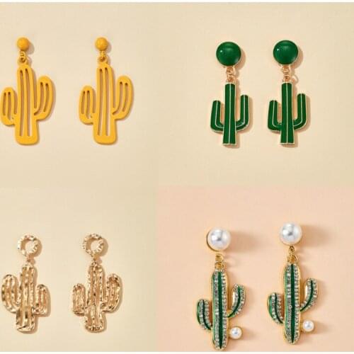 1Pair Luxury Pearl Stone Cactus Drop Earrings For Women 2021 Trendy Hollow Geometric Gold Alloy Metal Y2k Jewelry Accessories