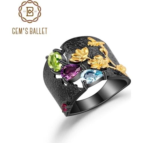 GEMS BALLET Natural Multicolor Gemstones Ring 925 Sterling Silver Handmade Humming Bee Flower Floral Garden Band Ring For Women