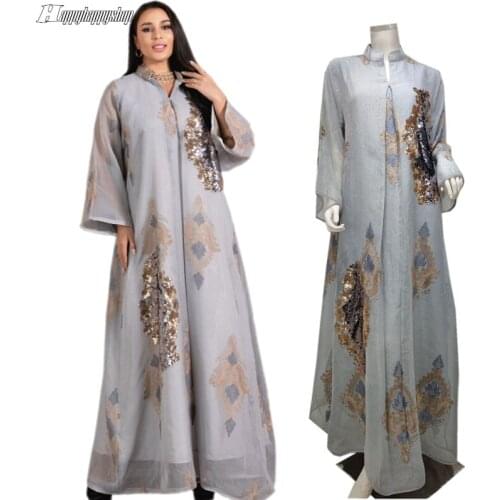 Middle East Muslim Sequins Dress for Women Turkish Modest Kaftan Dubai Embroidery Gown Islamic Moroccan Loose Long Sleeve Robe