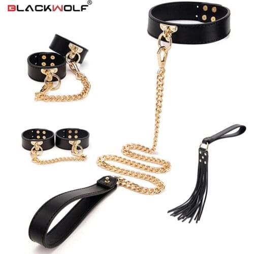 BLACKWOLF 4pcs BDSM Kits Genuine Leather Erotic Sex Toys For Adult Game Bondage Set Handcuffs Whip Collar Women Sex Accessories