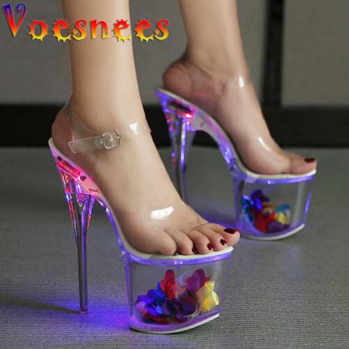 Voesnees Transparent Sandals Women 2021 New LED Lamp Luminous Shoes Hyaline Hollow Petal Waterproof Platform Model Catwalk Shoes
