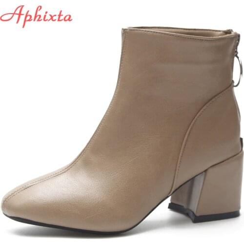 Aphixta Zipper Shoes Women Boots Square heel Ankle Boots Botines Mujer 2020 Ladies Shoes Zapatos Short Plush Fashion Woman Shoes